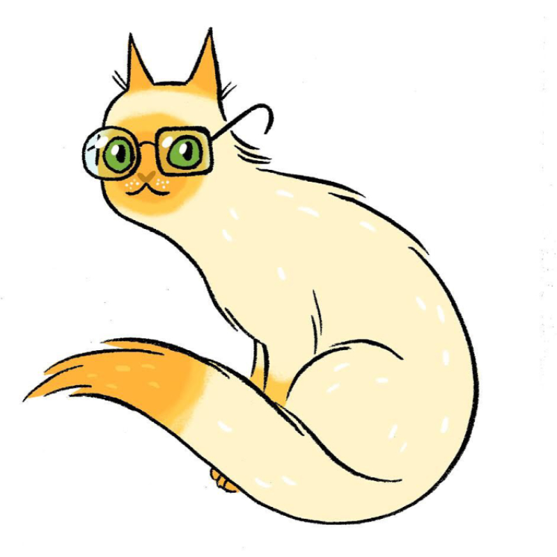 illustration of a cream/orange cat with green eyes wearing an asymmetrical pair of glasses: round on one side, square on the other